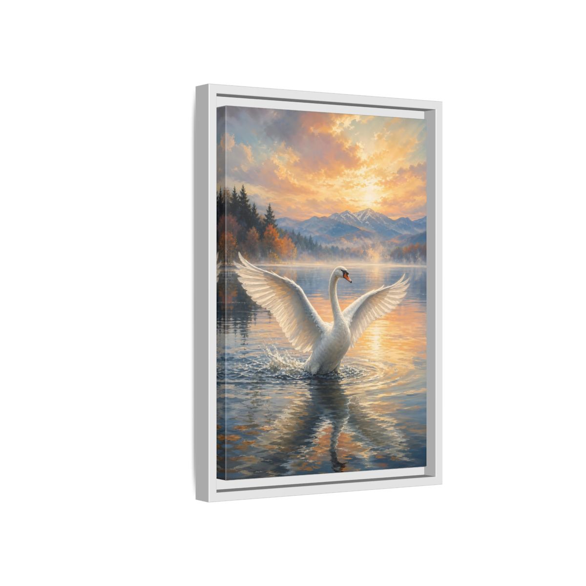 Side Mockup 4. Birds Swan Golden Sunset Swan shown as stretched canvas wall art