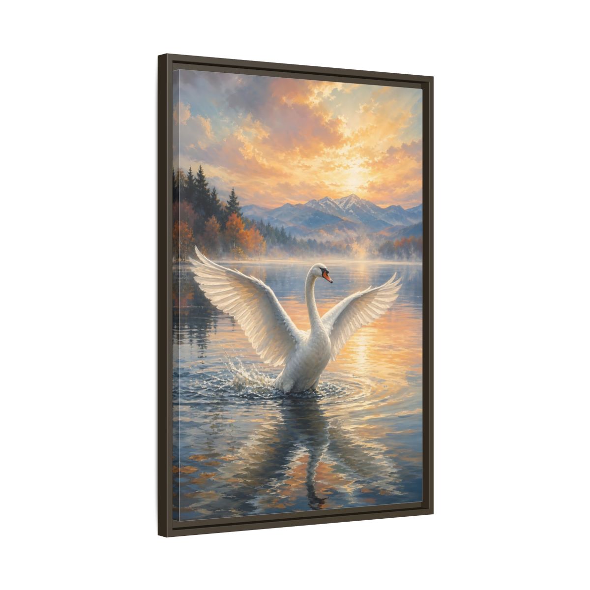 Side Mockup 11. Birds Swan Golden Sunset Swan shown as stretched canvas wall art