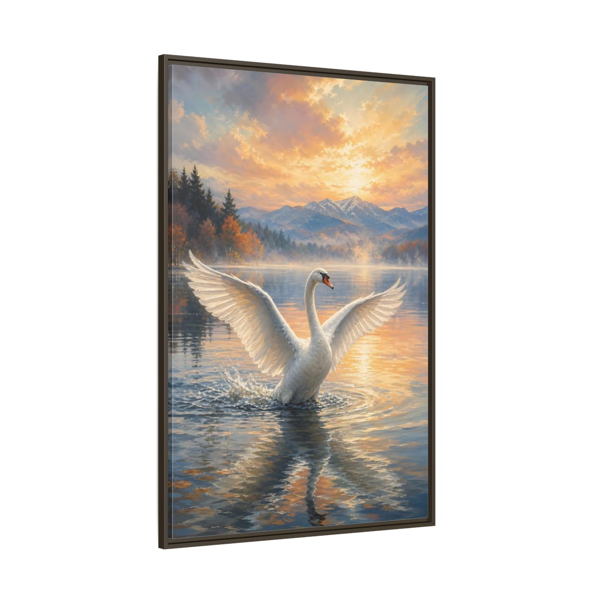 Side Mockup 8. Birds Swan Golden Sunset Swan shown as stretched canvas wall art