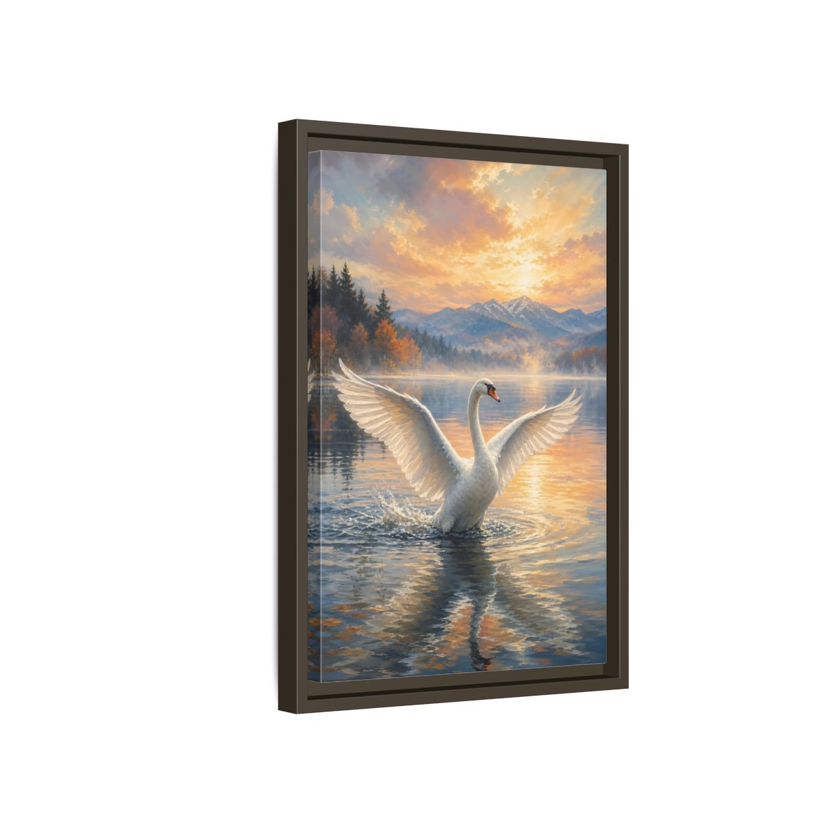 Side Mockup 5. Birds Swan Golden Sunset Swan shown as stretched canvas wall art