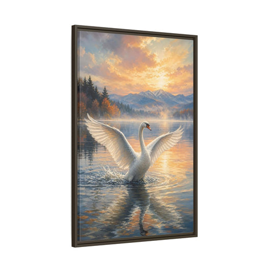 Main Mockup. Birds Swan Golden Sunset Swan shown as stretched canvas wall art