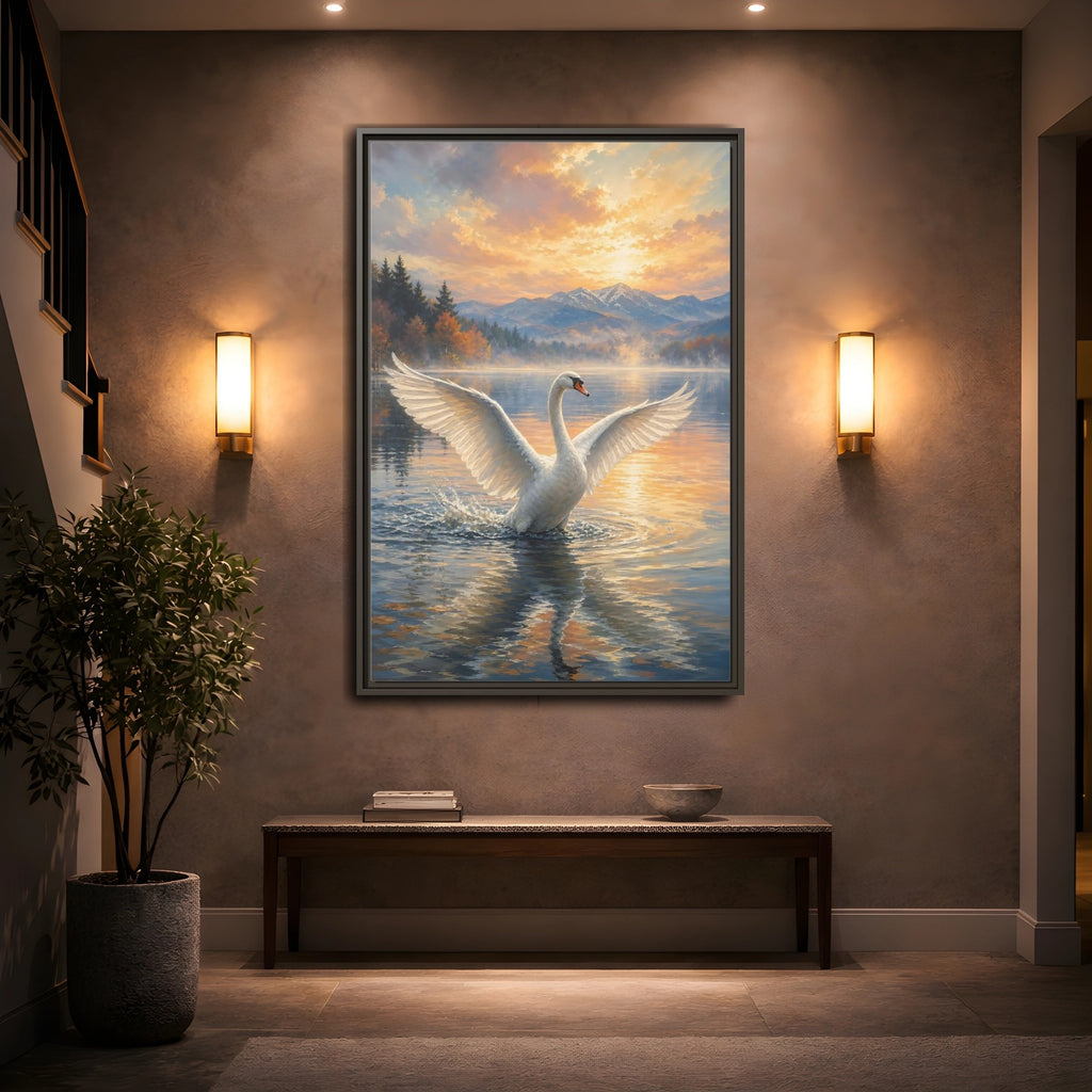 Mockup 2. Birds Swan Golden Sunset Swan shown as stretched canvas wall art