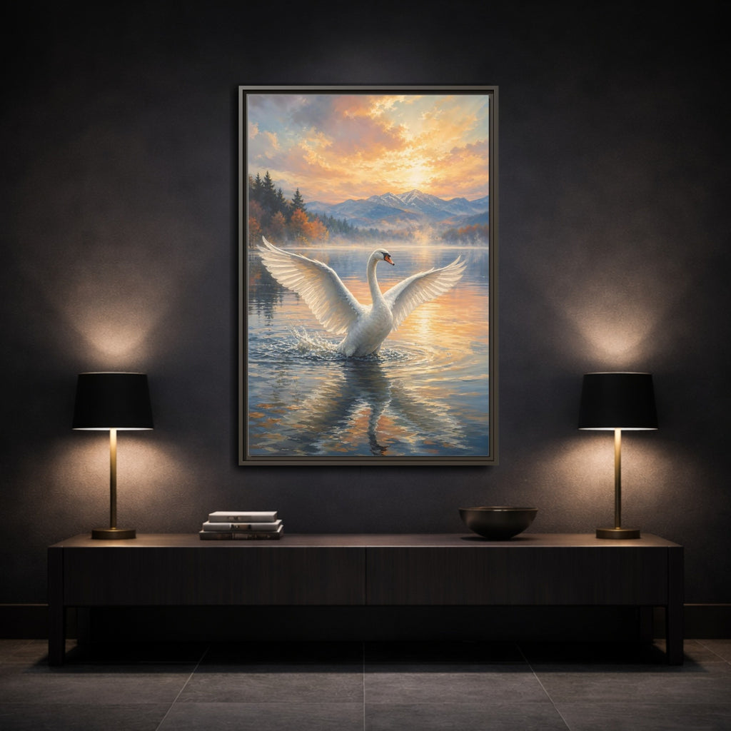 Mockup 3. Birds Swan Golden Sunset Swan shown as stretched canvas wall art