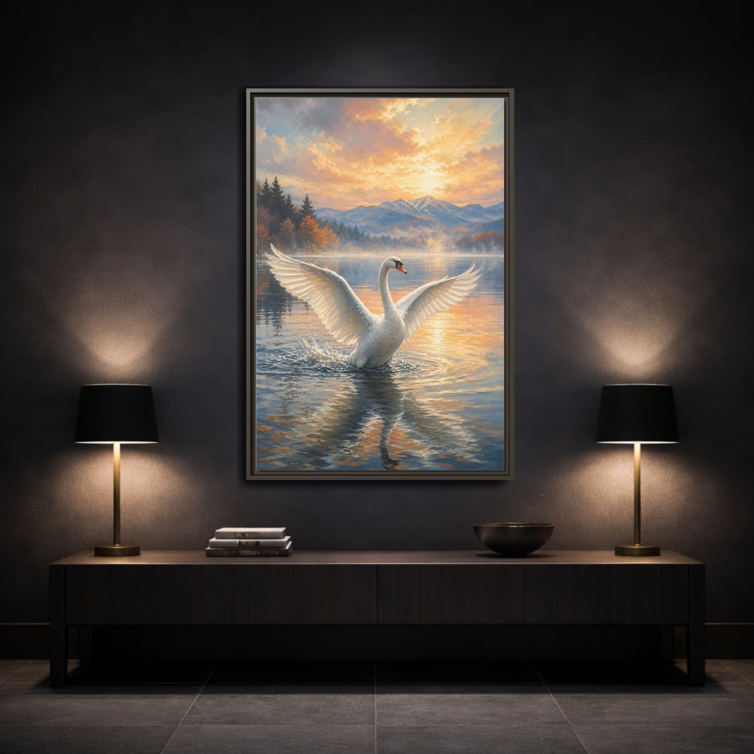 Mockup 3. Birds Swan Golden Sunset Swan shown as stretched canvas wall art