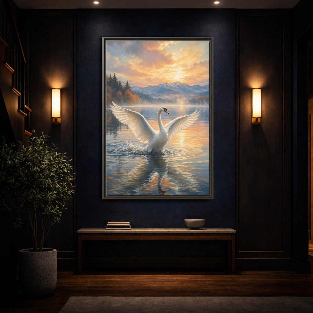 Mockup 4. Birds Swan Golden Sunset Swan shown as stretched canvas wall art