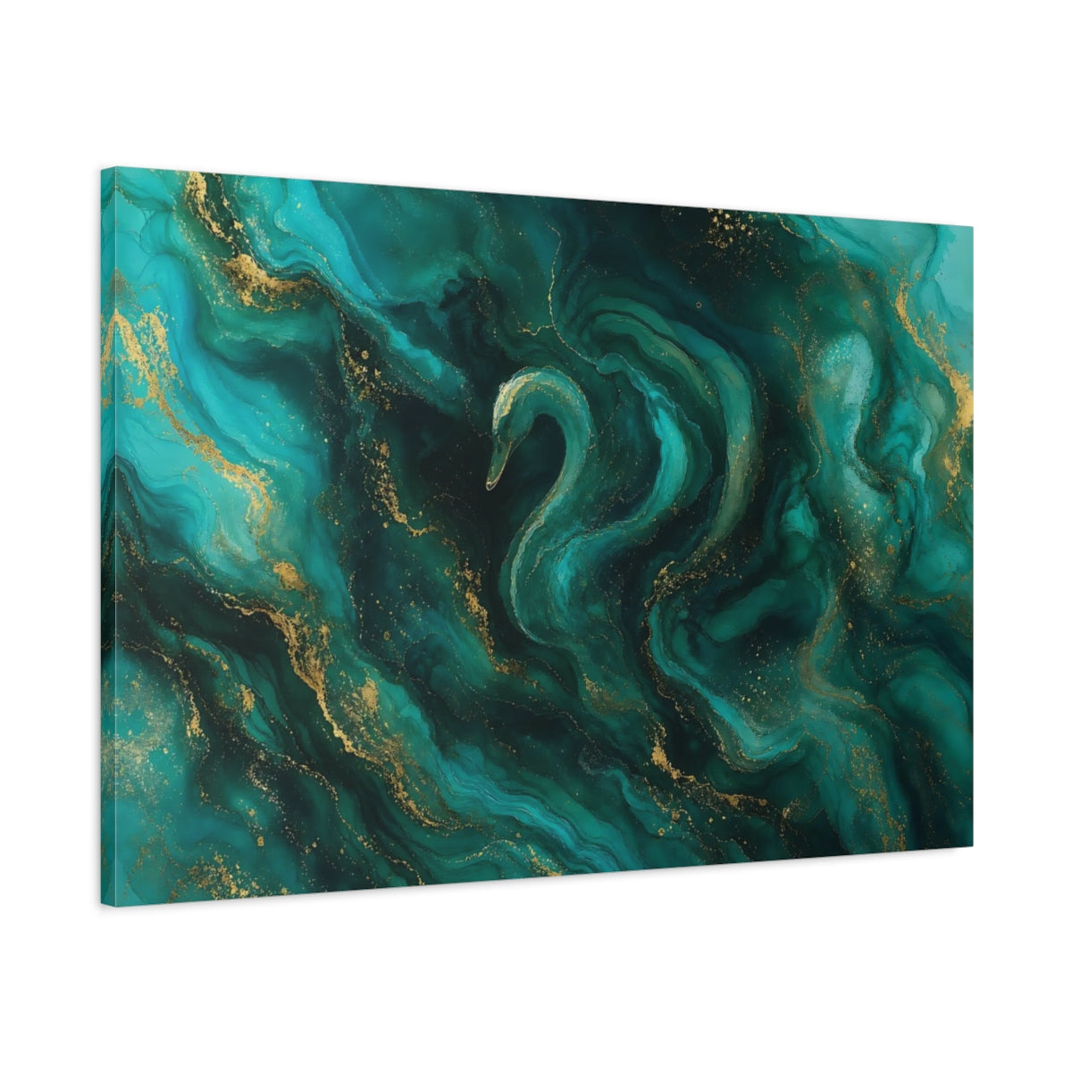 Main Mockup. Birds Swan Teal And Gold shown as stretched canvas wall art