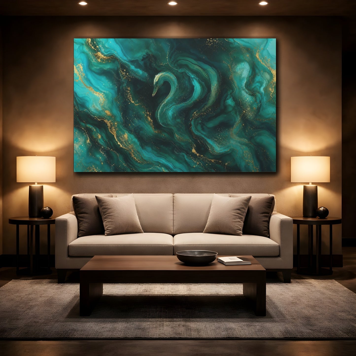 Mockup 2. Birds Swan Teal And Gold shown as stretched canvas wall art