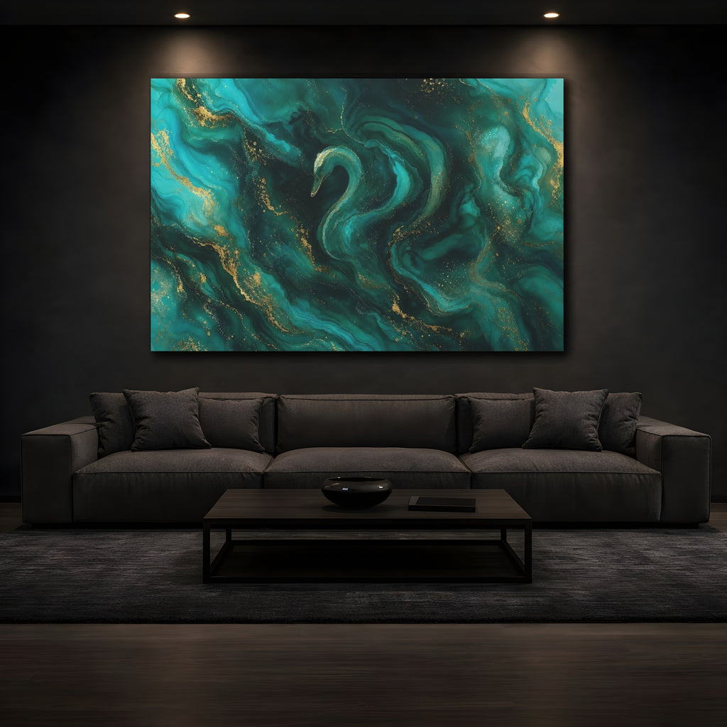 Mockup 3. Birds Swan Teal And Gold shown as stretched canvas wall art