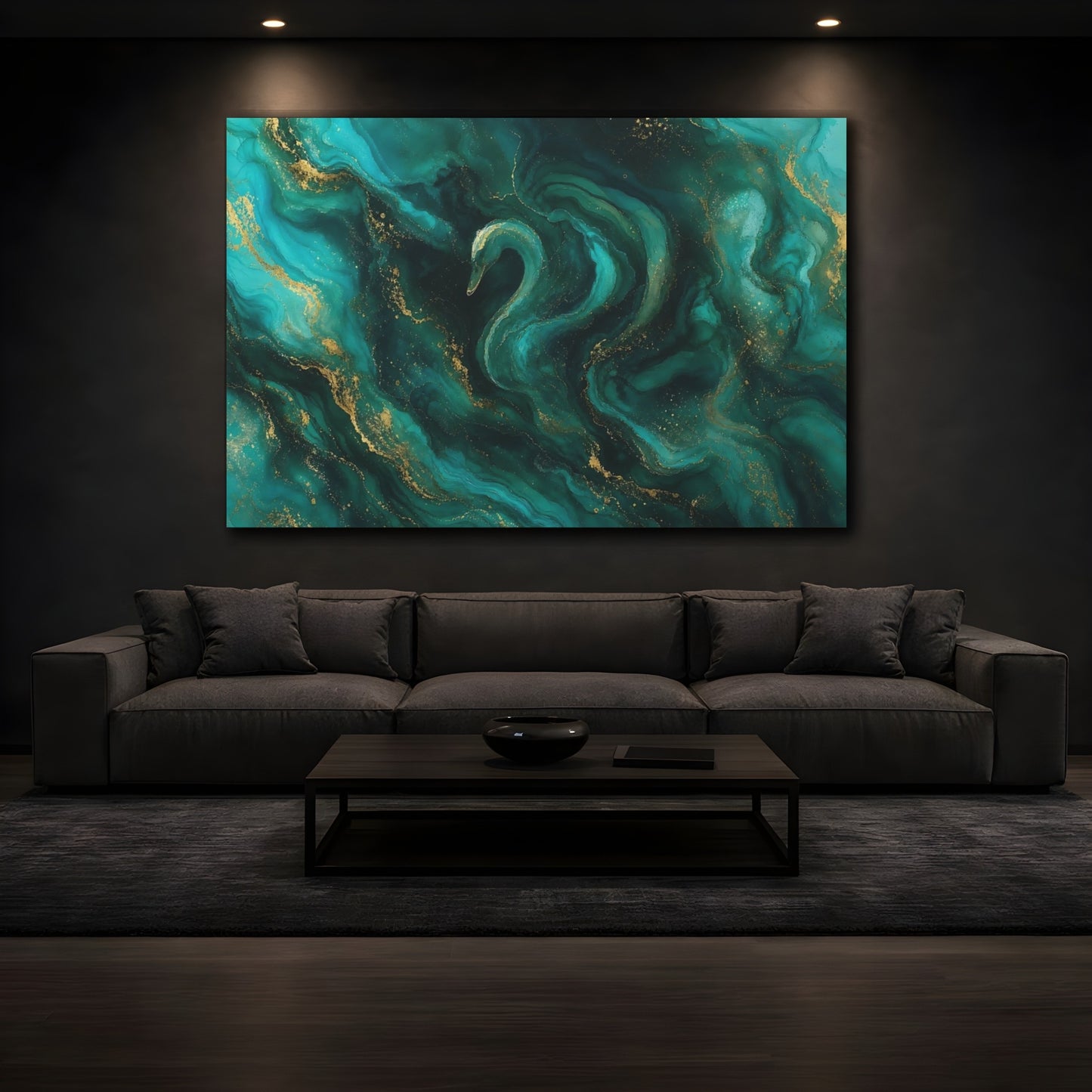 Mockup 3. Birds Swan Teal And Gold shown as stretched canvas wall art