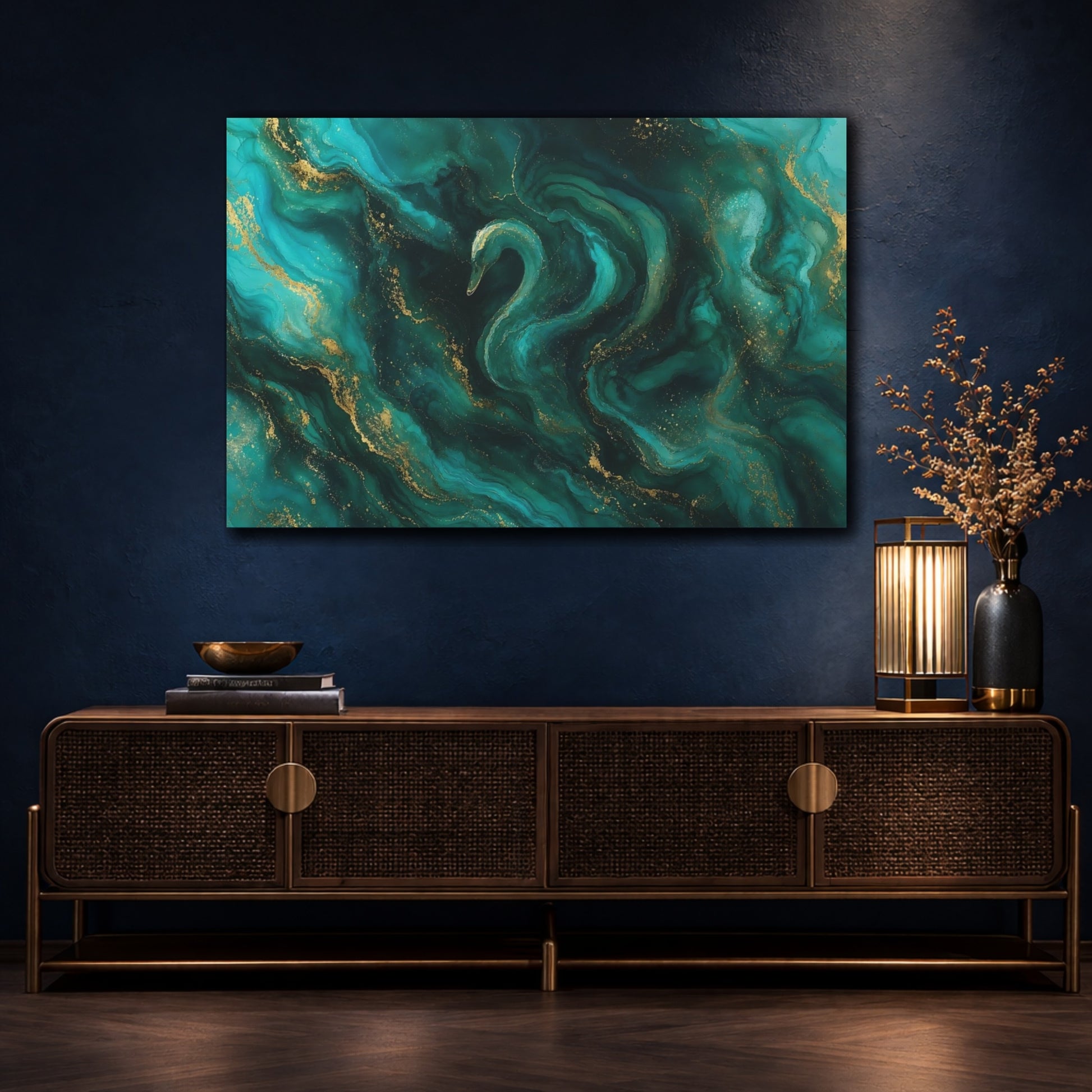 Mockup 4. Birds Swan Teal And Gold shown as stretched canvas wall art