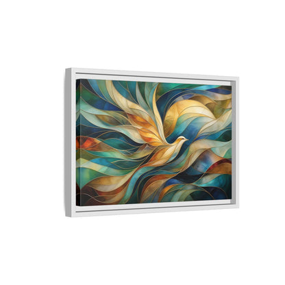 Side Mockup 4. Birds Bird Teal Gold Abstract Bird shown as stretched canvas wall art