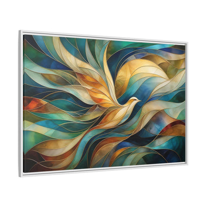 Side Mockup 7. Birds Bird Teal Gold Abstract Bird shown as stretched canvas wall art