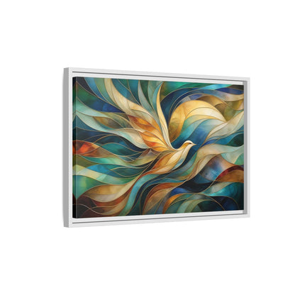 Side Mockup 1. Birds Bird Teal Gold Abstract Bird shown as stretched canvas wall art