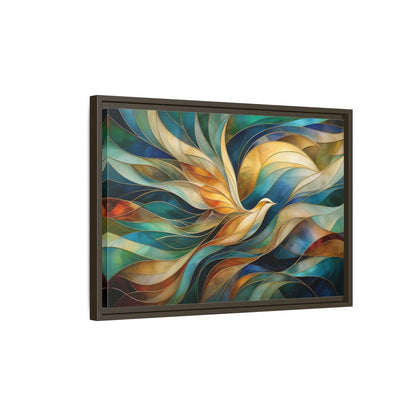 Side Mockup 2. Birds Bird Teal Gold Abstract Bird shown as stretched canvas wall art
