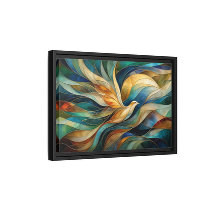 Side Mockup 6. Birds Bird Teal Gold Abstract Bird shown as stretched canvas wall art