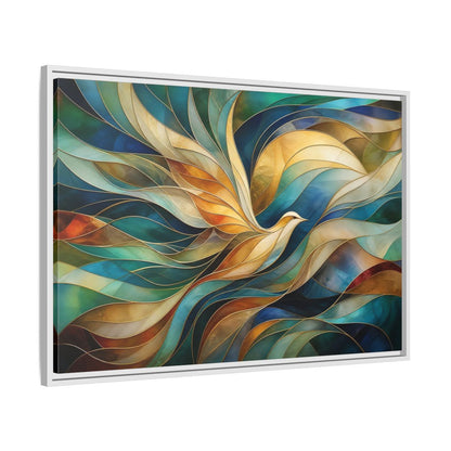 Side Mockup 9. Birds Bird Teal Gold Abstract Bird shown as stretched canvas wall art