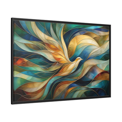 Side Mockup 12. Birds Bird Teal Gold Abstract Bird shown as stretched canvas wall art