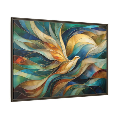 Side Mockup 8. Birds Bird Teal Gold Abstract Bird shown as stretched canvas wall art