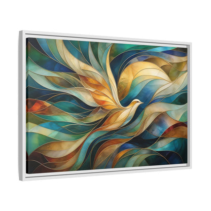 Side Mockup 10. Birds Bird Teal Gold Abstract Bird shown as stretched canvas wall art