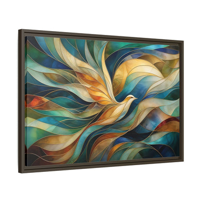 Side Mockup 11. Birds Bird Teal Gold Abstract Bird shown as stretched canvas wall art