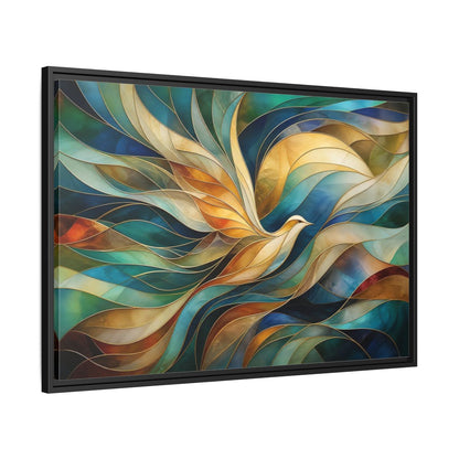 Side Mockup 13. Birds Bird Teal Gold Abstract Bird shown as stretched canvas wall art