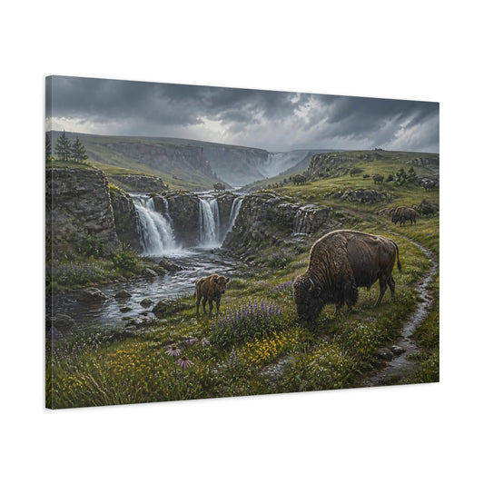 Main Mockup. Bison In Rainy Prairie shown as canvas print