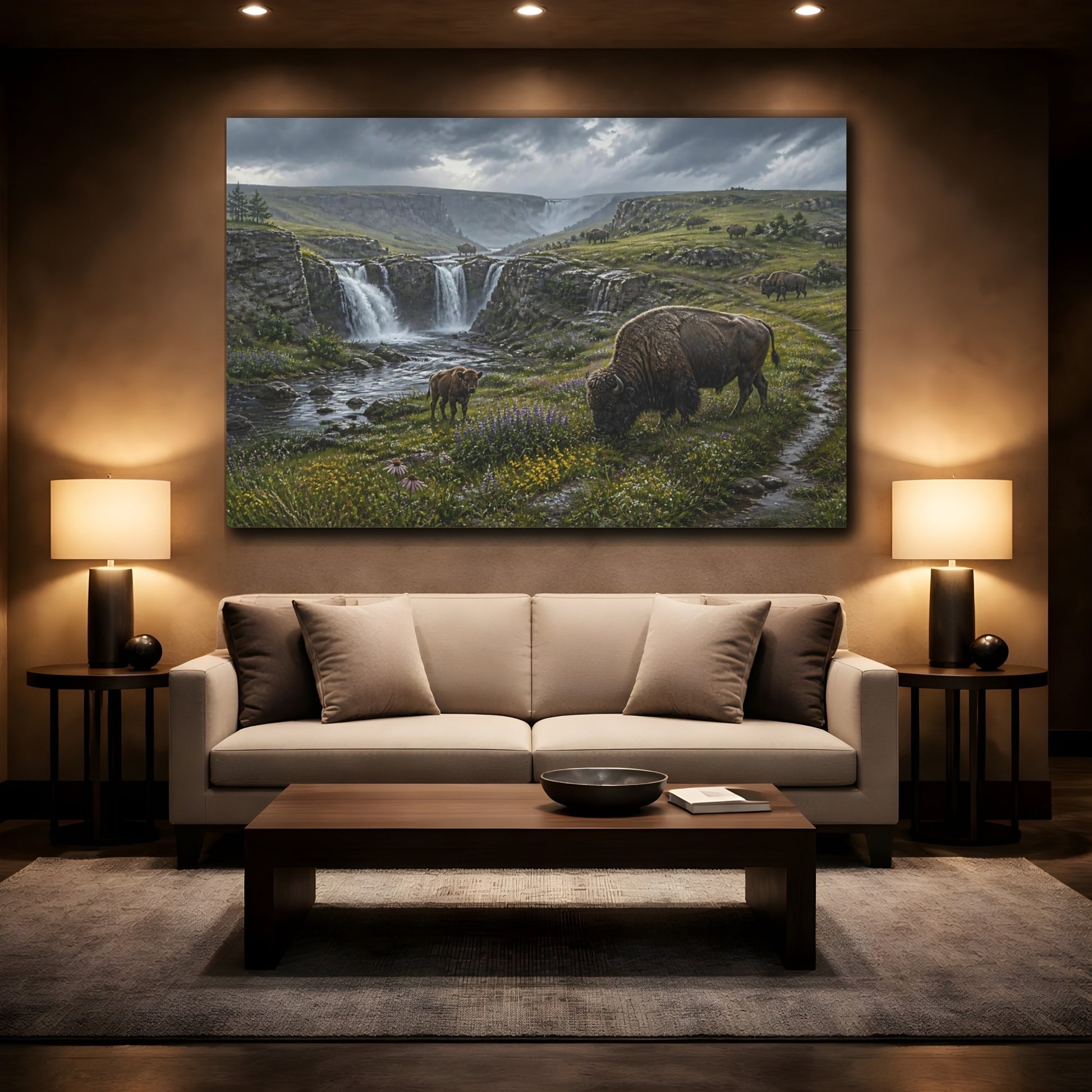 Mockup 2. Bison In Rainy Prairie shown as canvas print