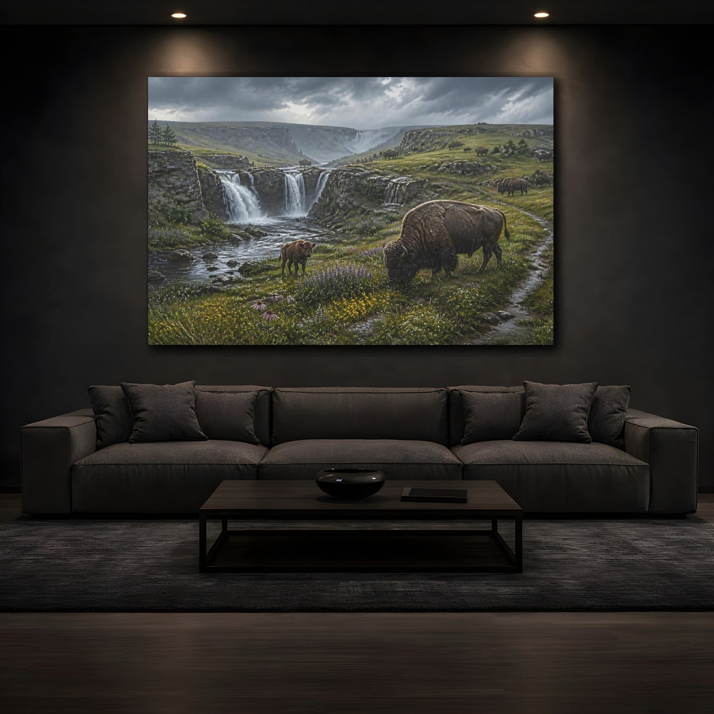 Mockup 3. Bison In Rainy Prairie shown as canvas print