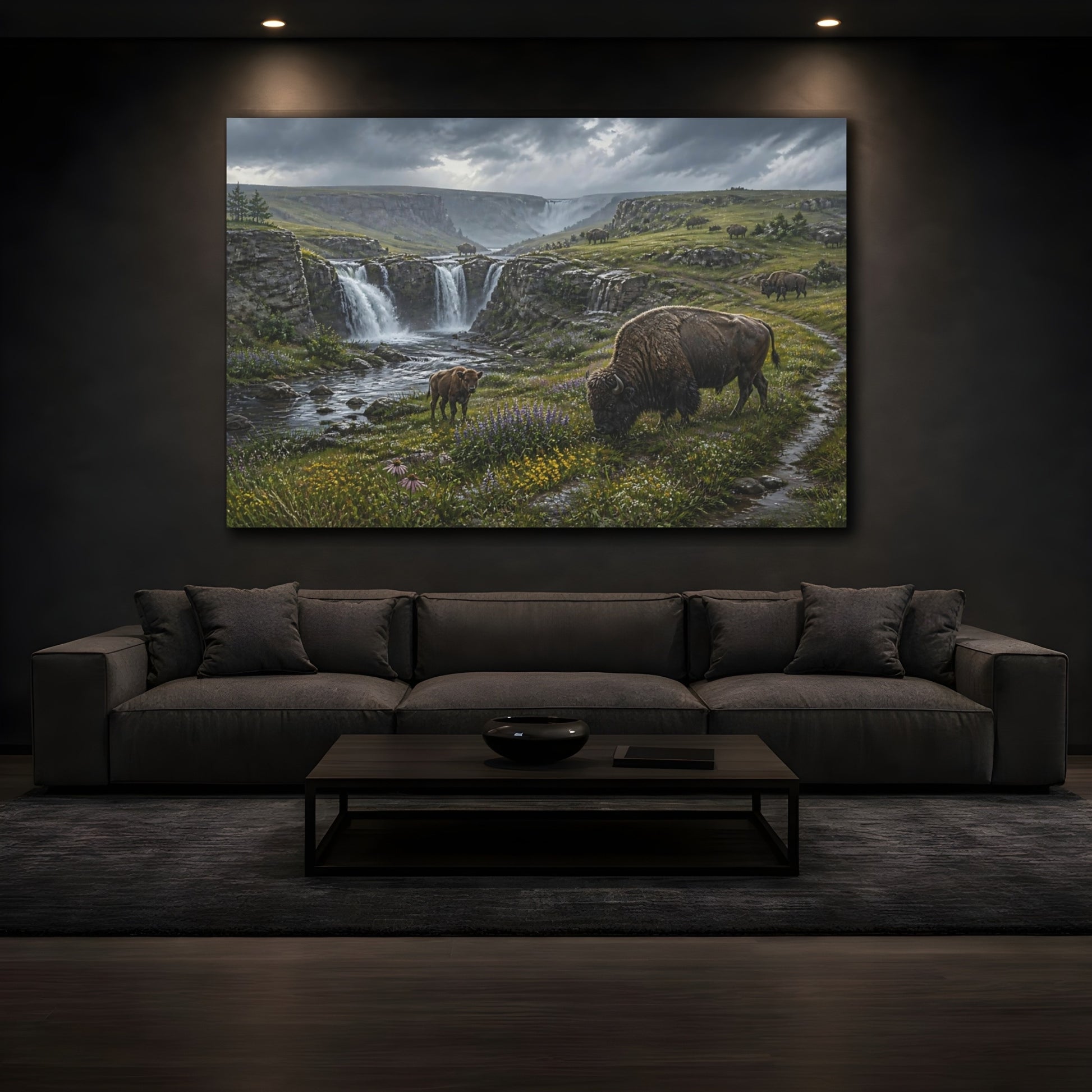 Mockup 3. Bison In Rainy Prairie shown as canvas print