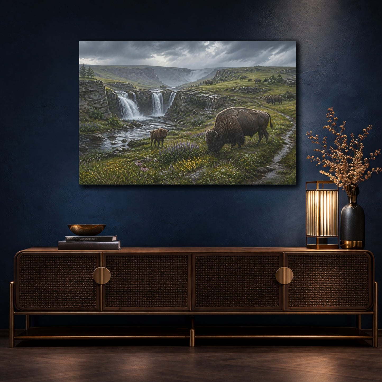 Mockup 4. Bison In Rainy Prairie shown as canvas print