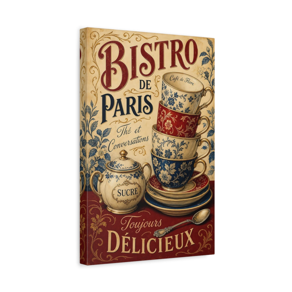 Side Mockup 4. Bistro De Paris Teacups shown as canvas print
