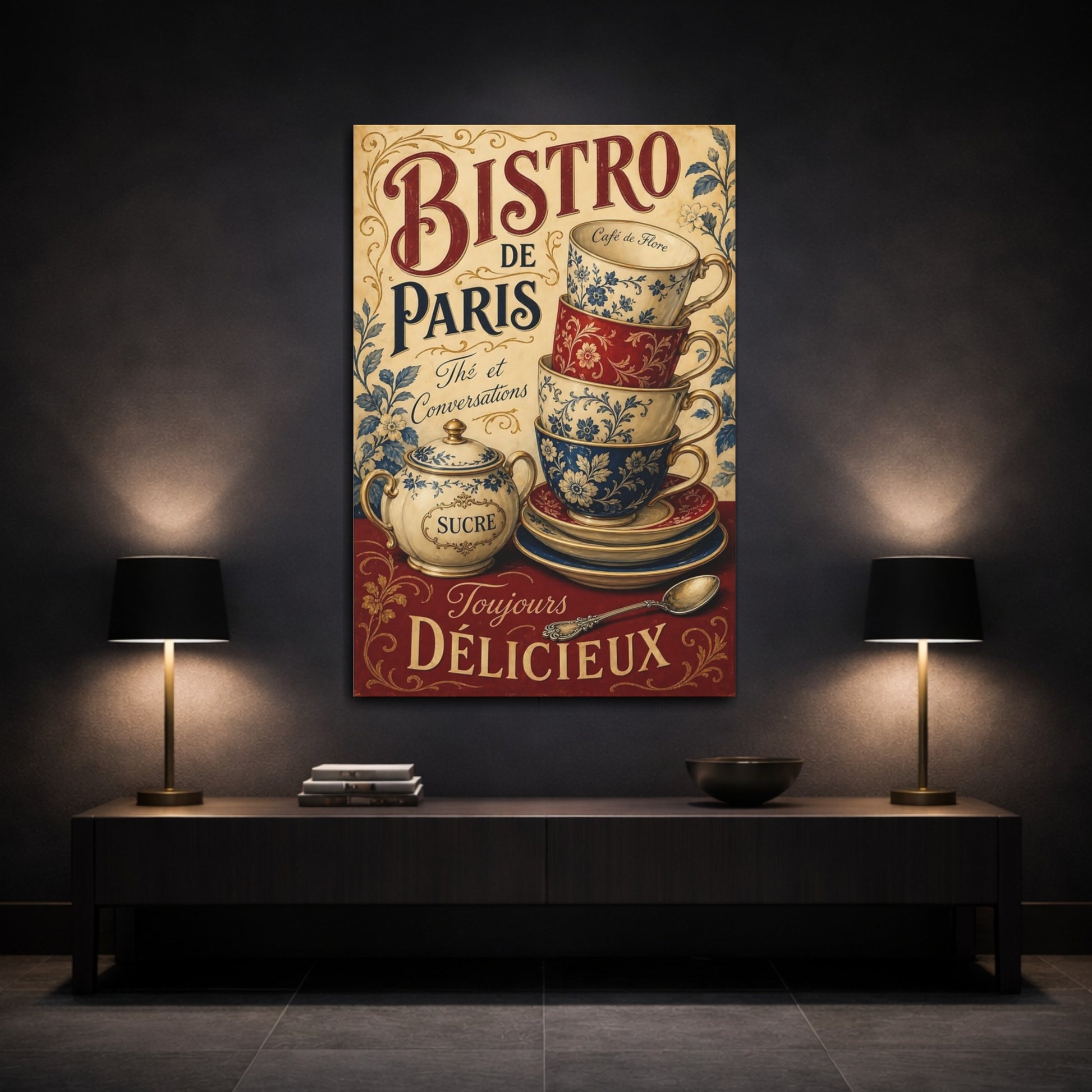 Mockup 3. Bistro De Paris Teacups shown as canvas print