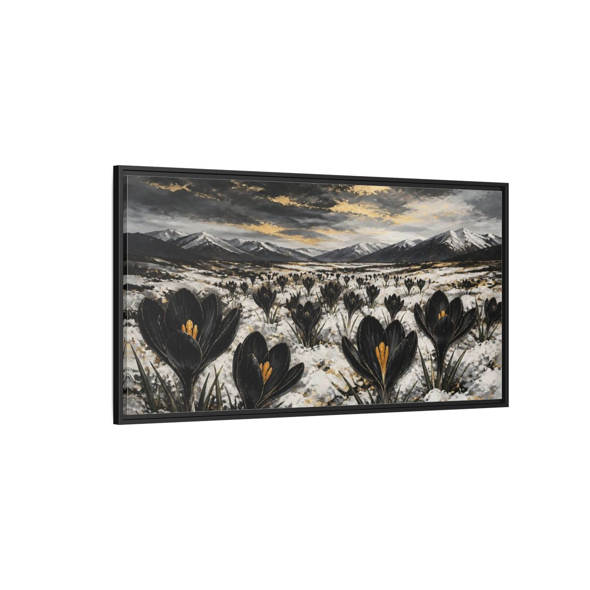 Side Mockup 5. Black Crocuses In Snow shown as framed canvas print