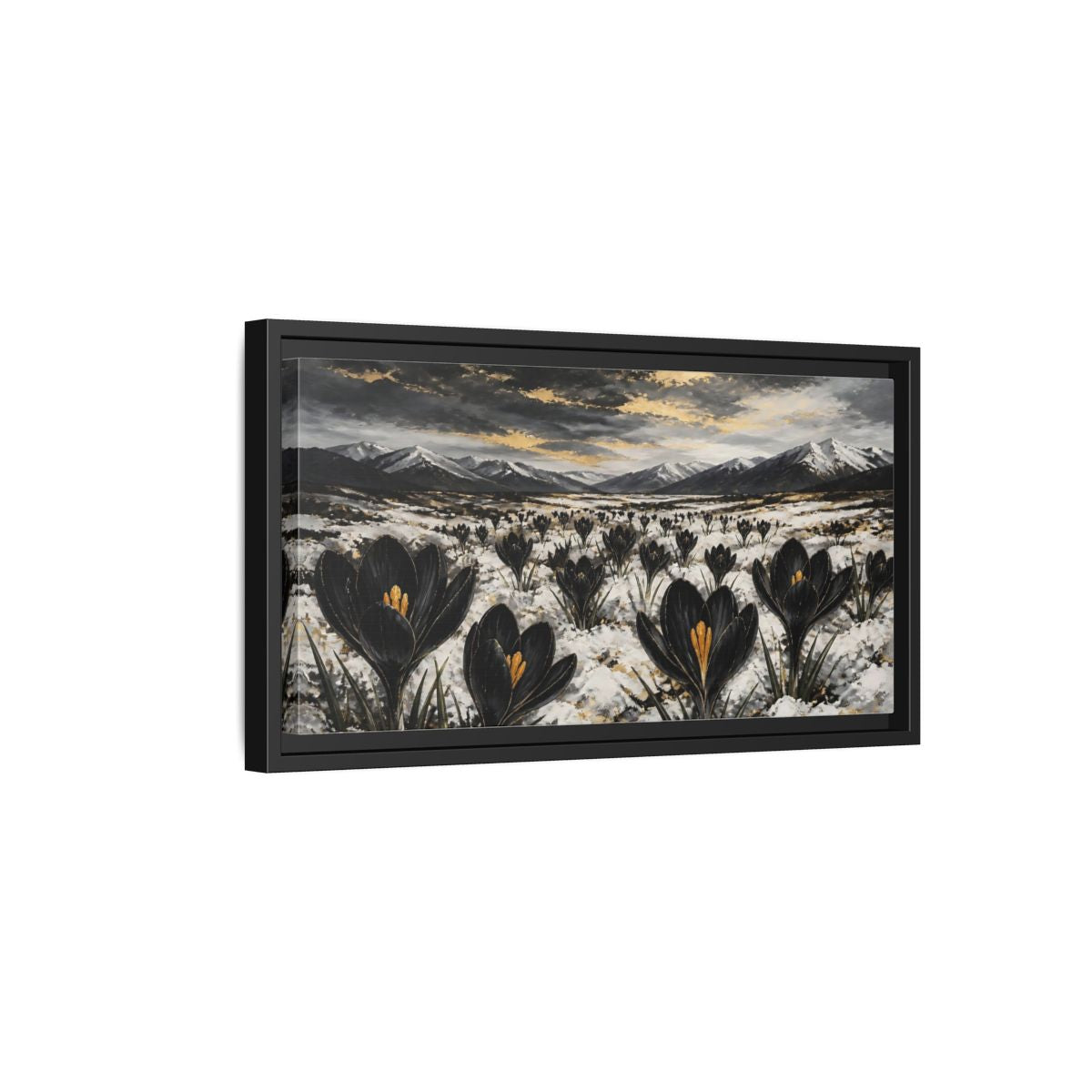 Side Mockup 8. Black Crocuses In Snow shown as framed canvas print