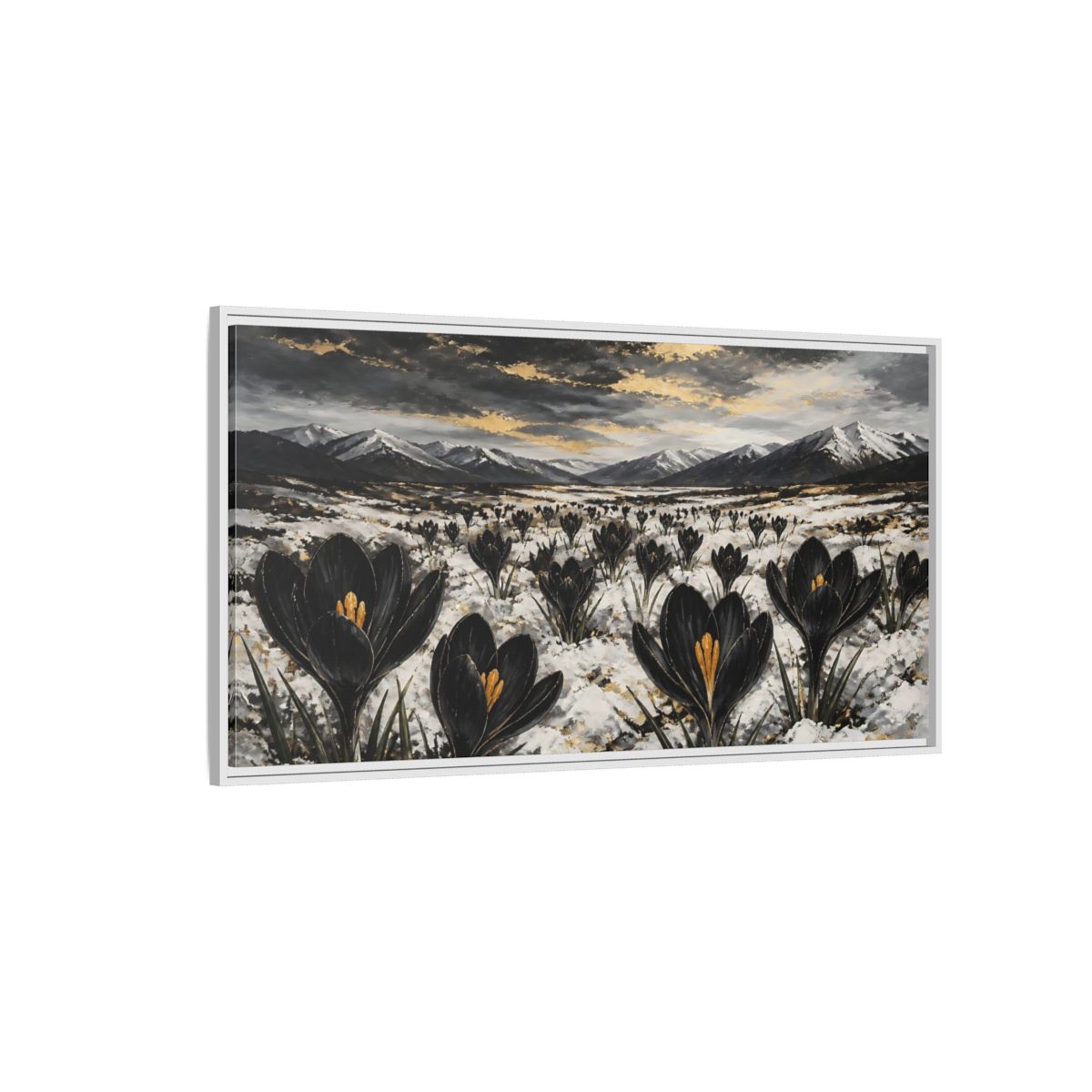 Side Mockup 3. Black Crocuses In Snow shown as framed canvas print