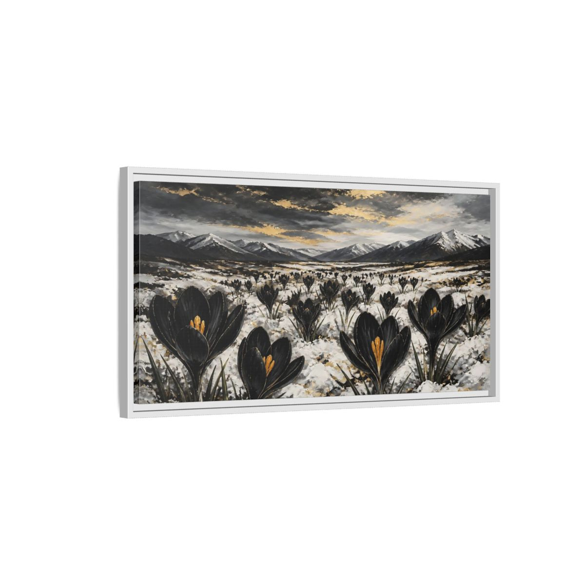 Side Mockup 1. Black Crocuses In Snow shown as framed canvas print