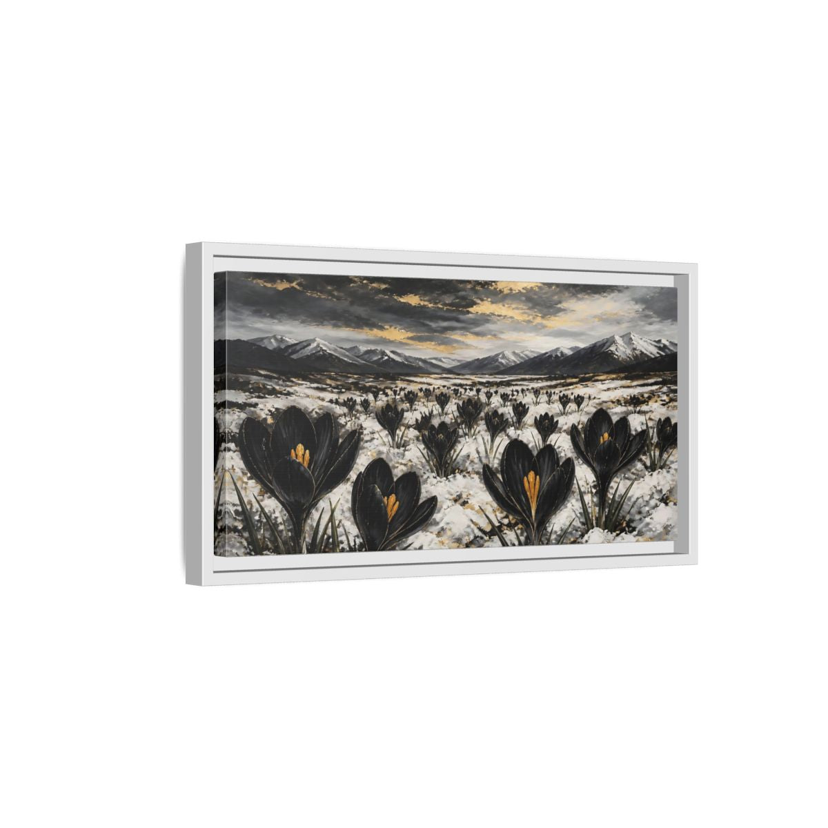 Side Mockup 6. Black Crocuses In Snow shown as framed canvas print