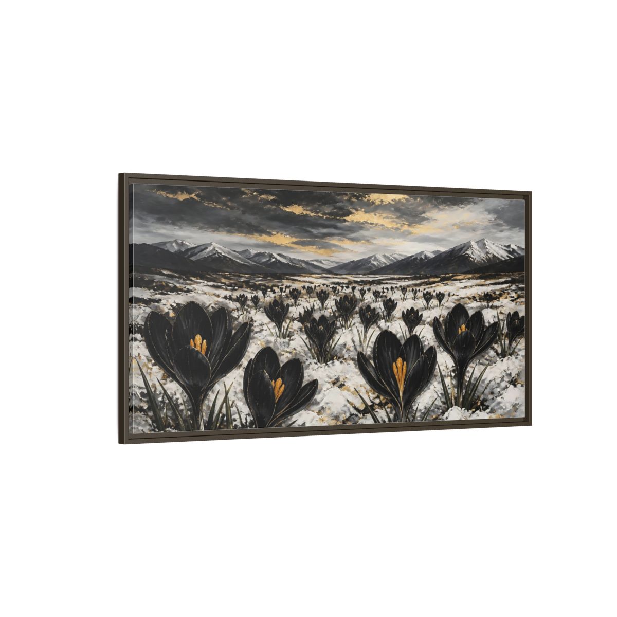 Side Mockup 4. Black Crocuses In Snow shown as framed canvas print