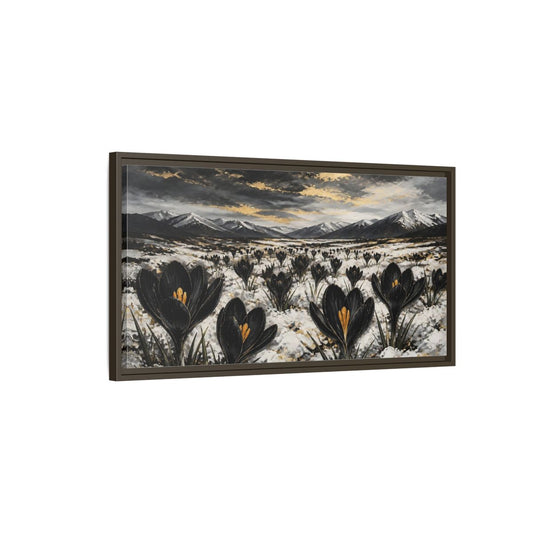 Main Mockup. Black Crocuses In Snow shown as framed canvas print