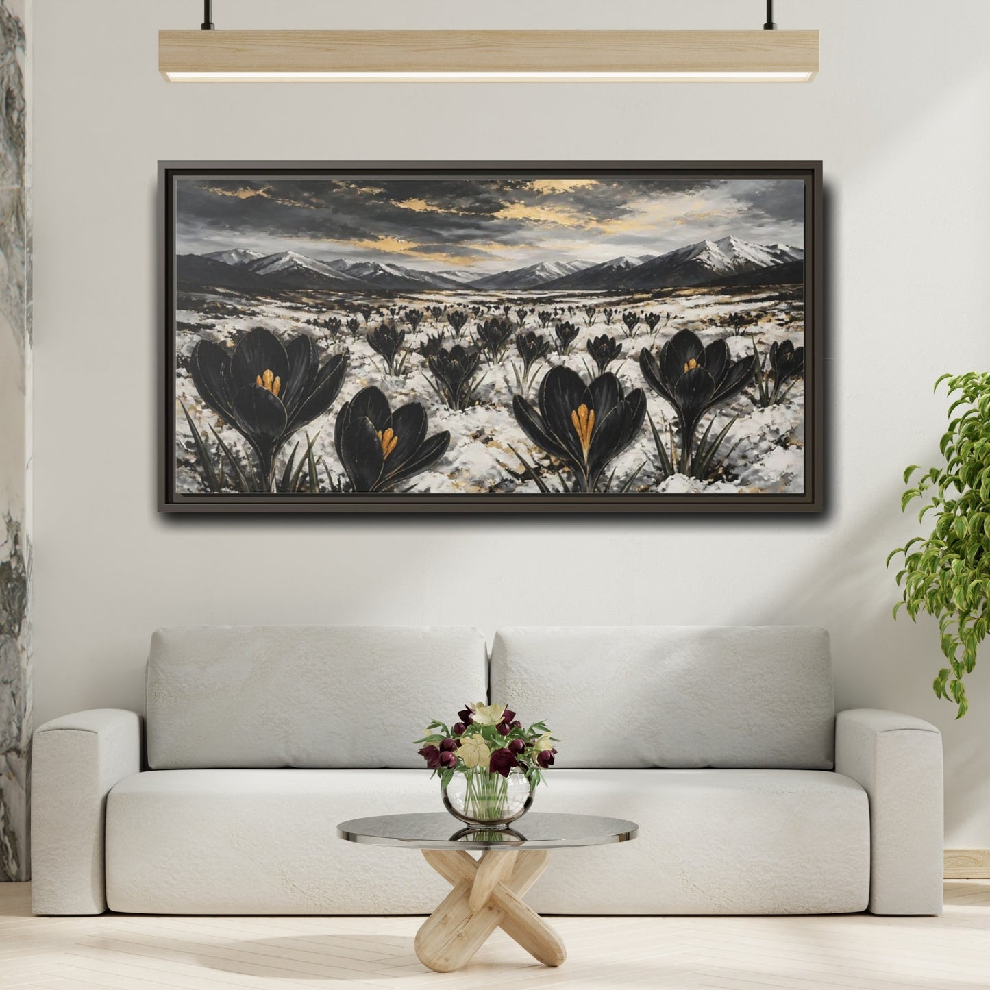 Mockup 2. Black Crocuses In Snow shown as framed canvas print