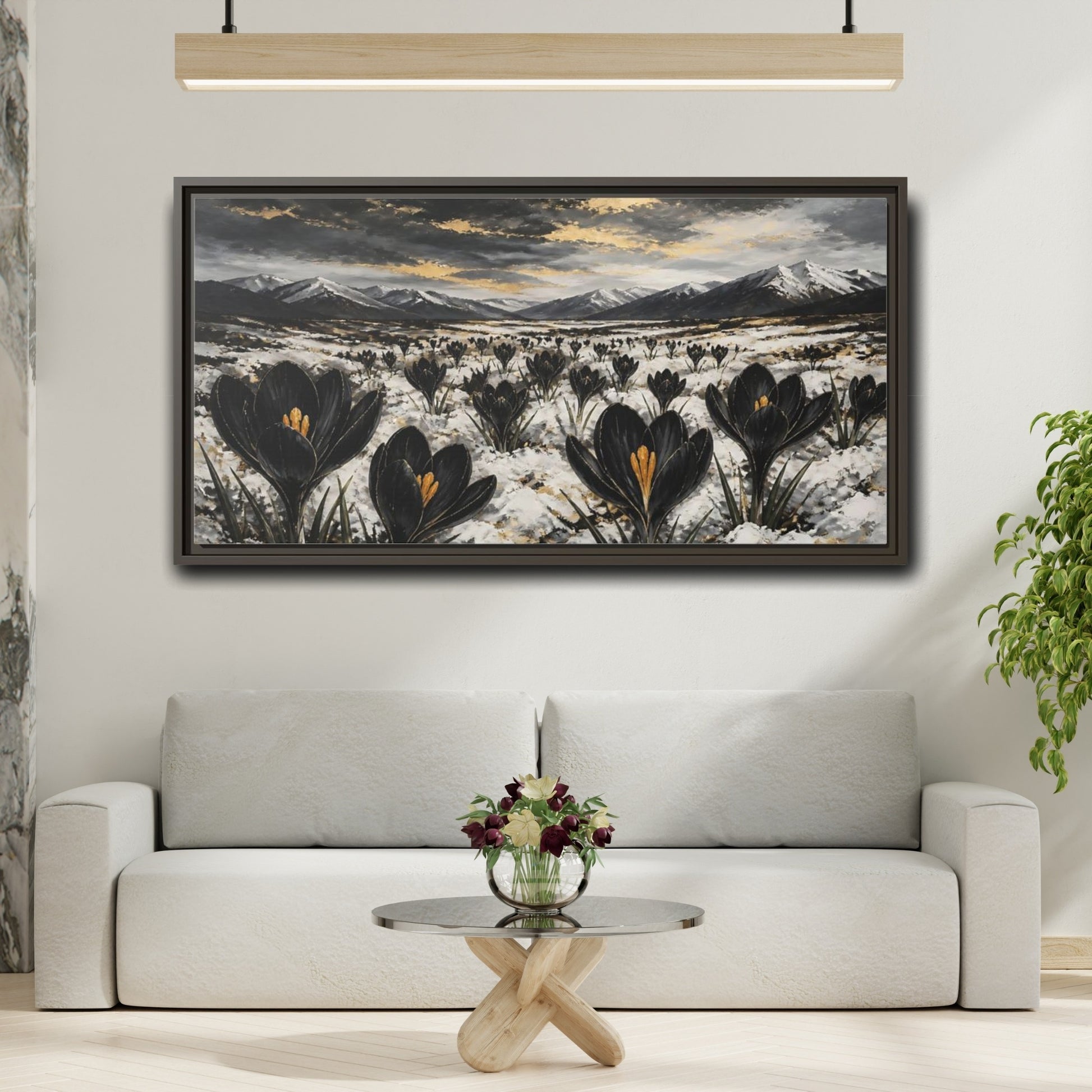 Mockup 2. Black Crocuses In Snow shown as framed canvas print