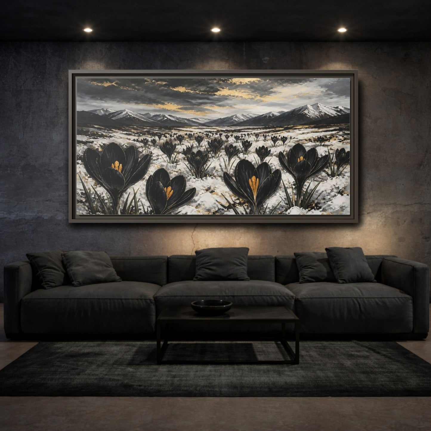Mockup 3. Black Crocuses In Snow shown as framed canvas print