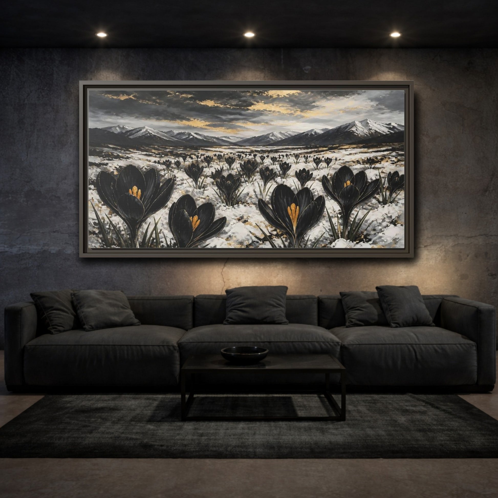 Mockup 3. Black Crocuses In Snow shown as framed canvas print