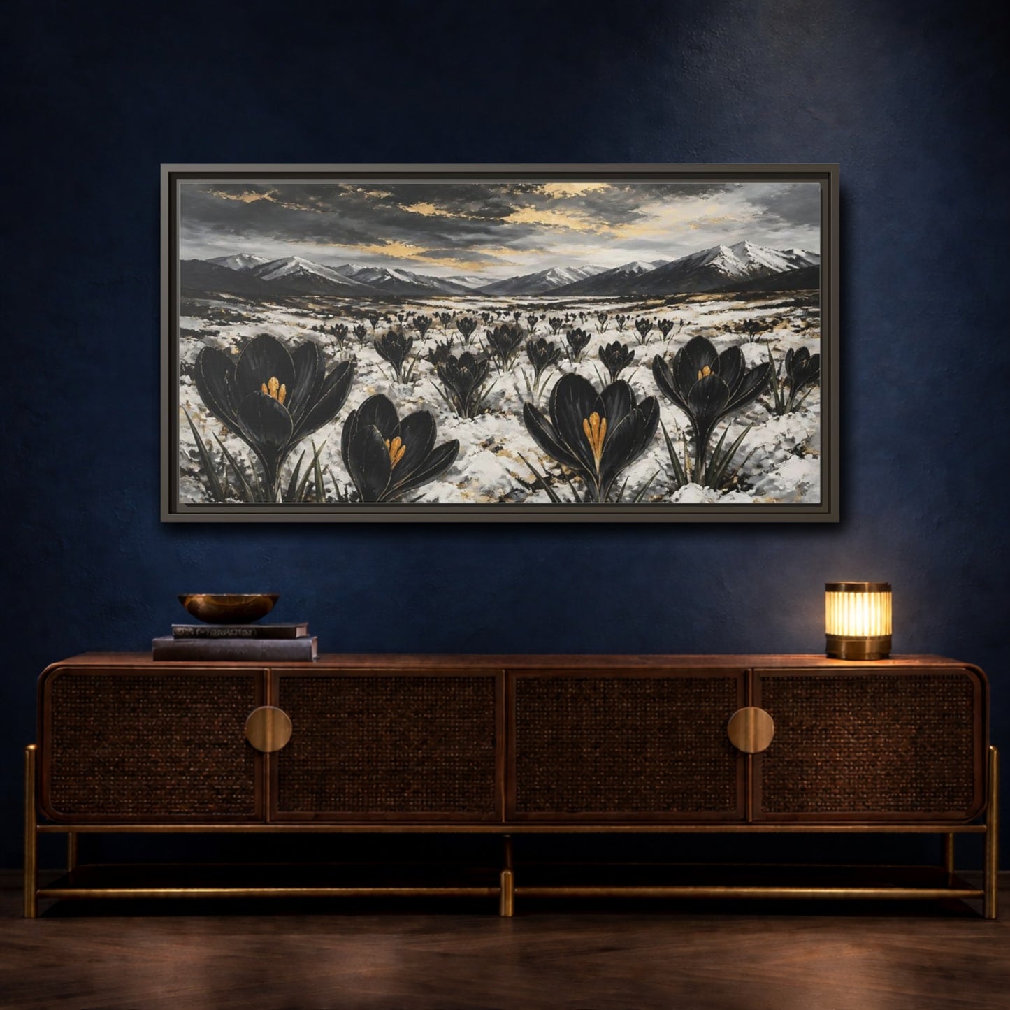 Mockup 4. Black Crocuses In Snow shown as framed canvas print