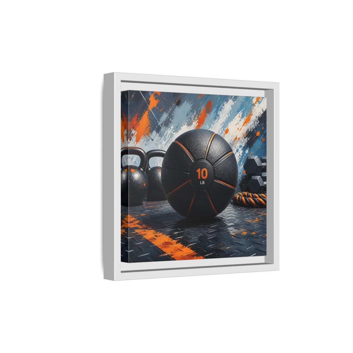 Side Mockup 19. Black Orange Medicine Ball shown as framed canvas print