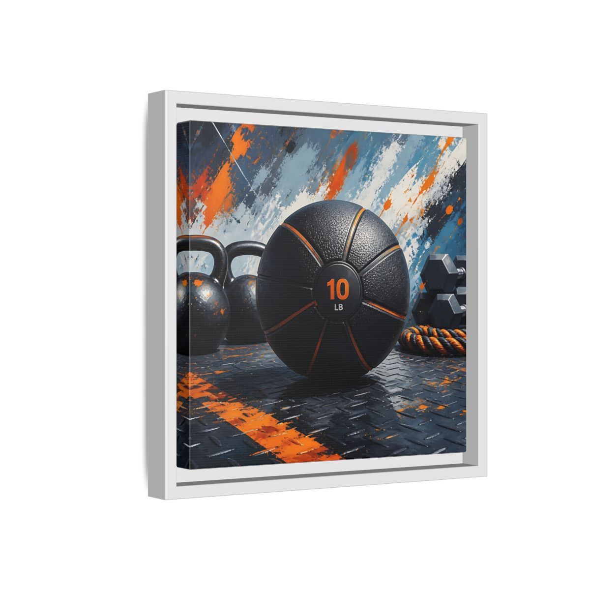 Side Mockup 16. Black Orange Medicine Ball shown as framed canvas print