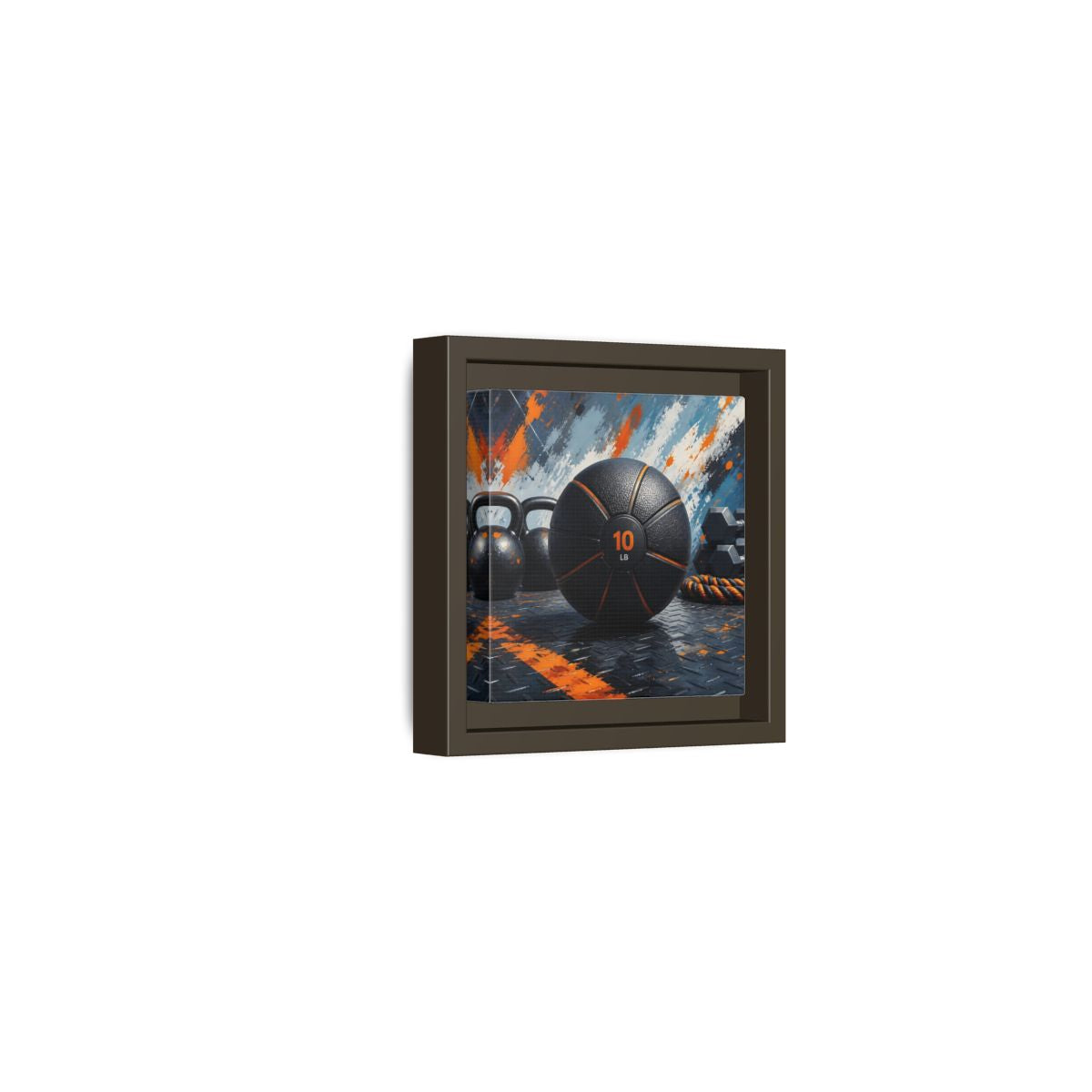 Side Mockup 23. Black Orange Medicine Ball shown as framed canvas print