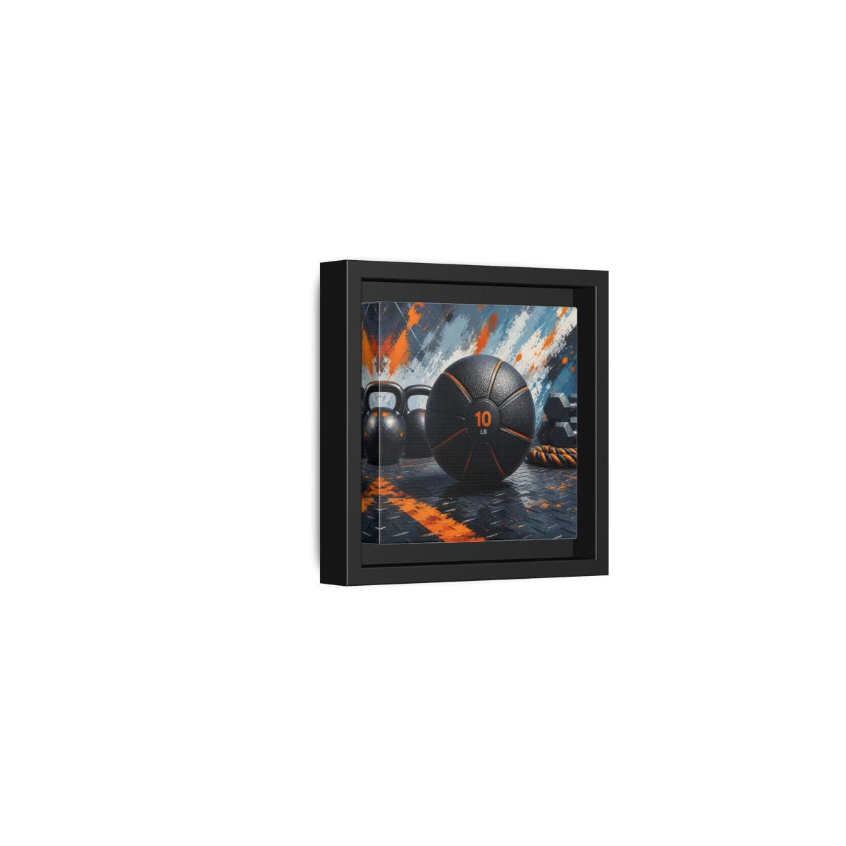 Side Mockup 24. Black Orange Medicine Ball shown as framed canvas print