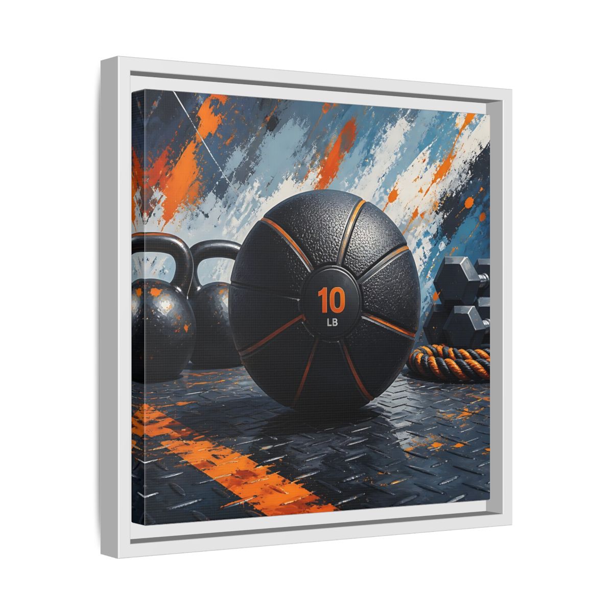 Side Mockup 28. Black Orange Medicine Ball shown as framed canvas print