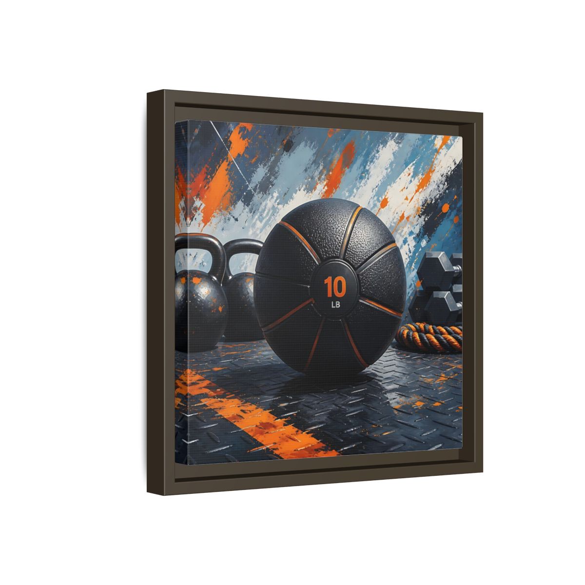Side Mockup 17. Black Orange Medicine Ball shown as framed canvas print